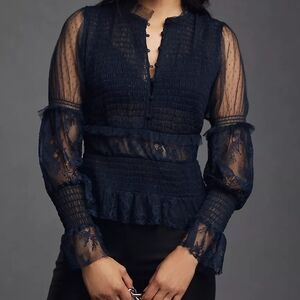 By Anthropologie Smocked Lace Blouse